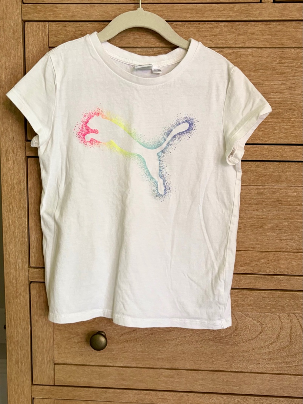 Puma White Short Sleeve Tee with Pink Yellow Blue Logo